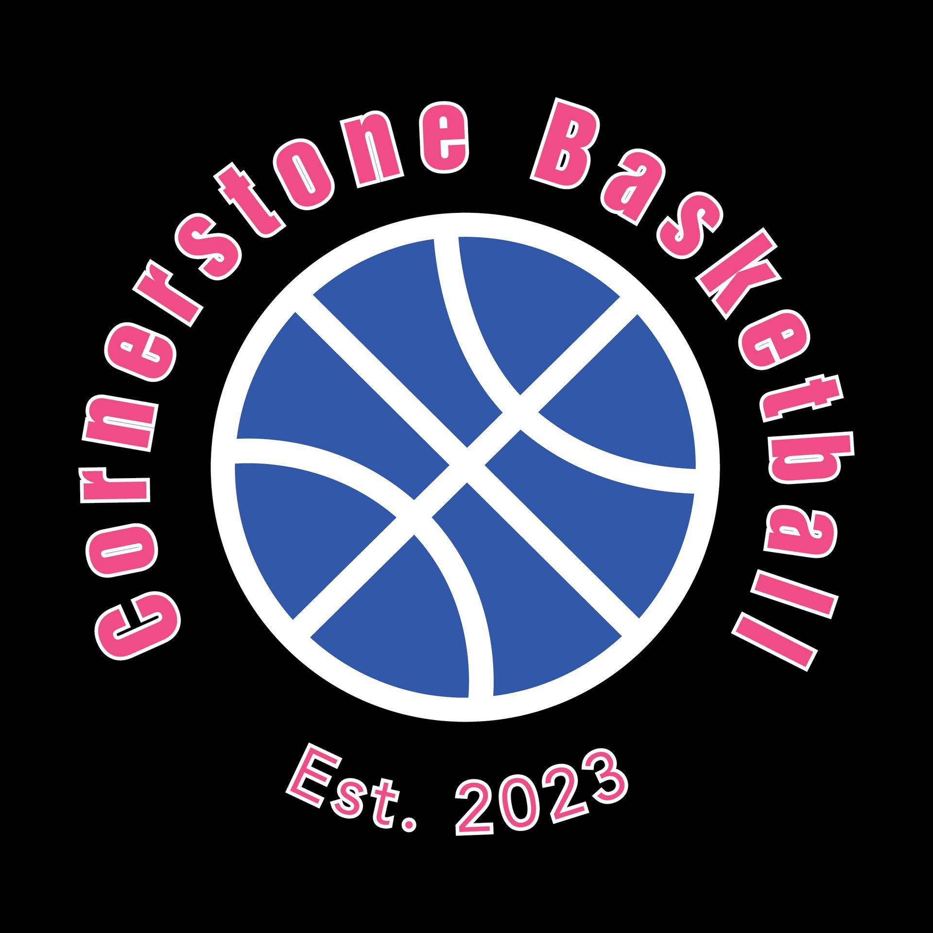 Cornerstone Basketball logo with pink text around a blue basketball and “Est. 2023” below