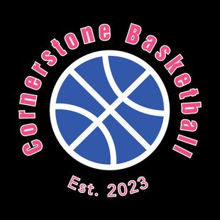 Cornerstone Basketball logo with pink text around a blue basketball and &ldquo;Est. 2023&rdquo; below