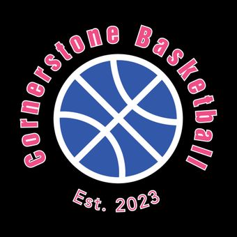 Cornerstone Basketball logo with pink text around a blue basketball and &ldquo;Est. 2023&rdquo; below