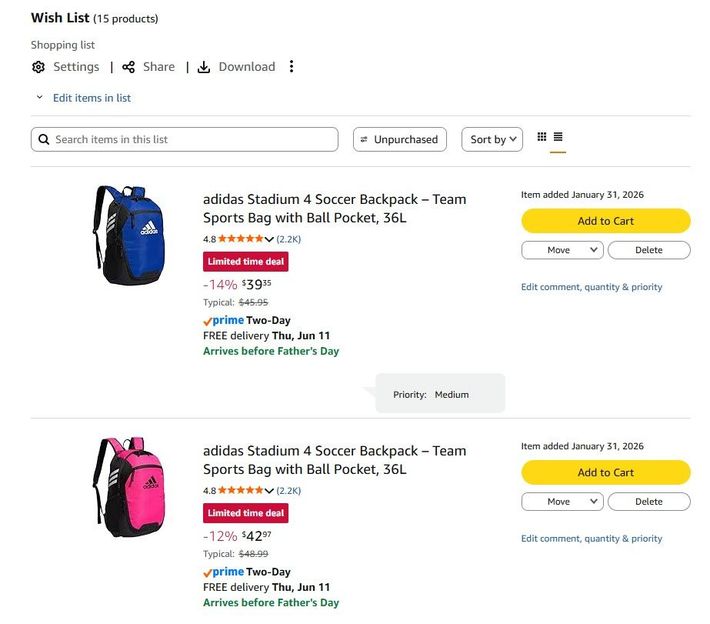 Wish List webpage showing two Adidas Stadium 3 backpack listings in blue and pink with add-to-cart buttons