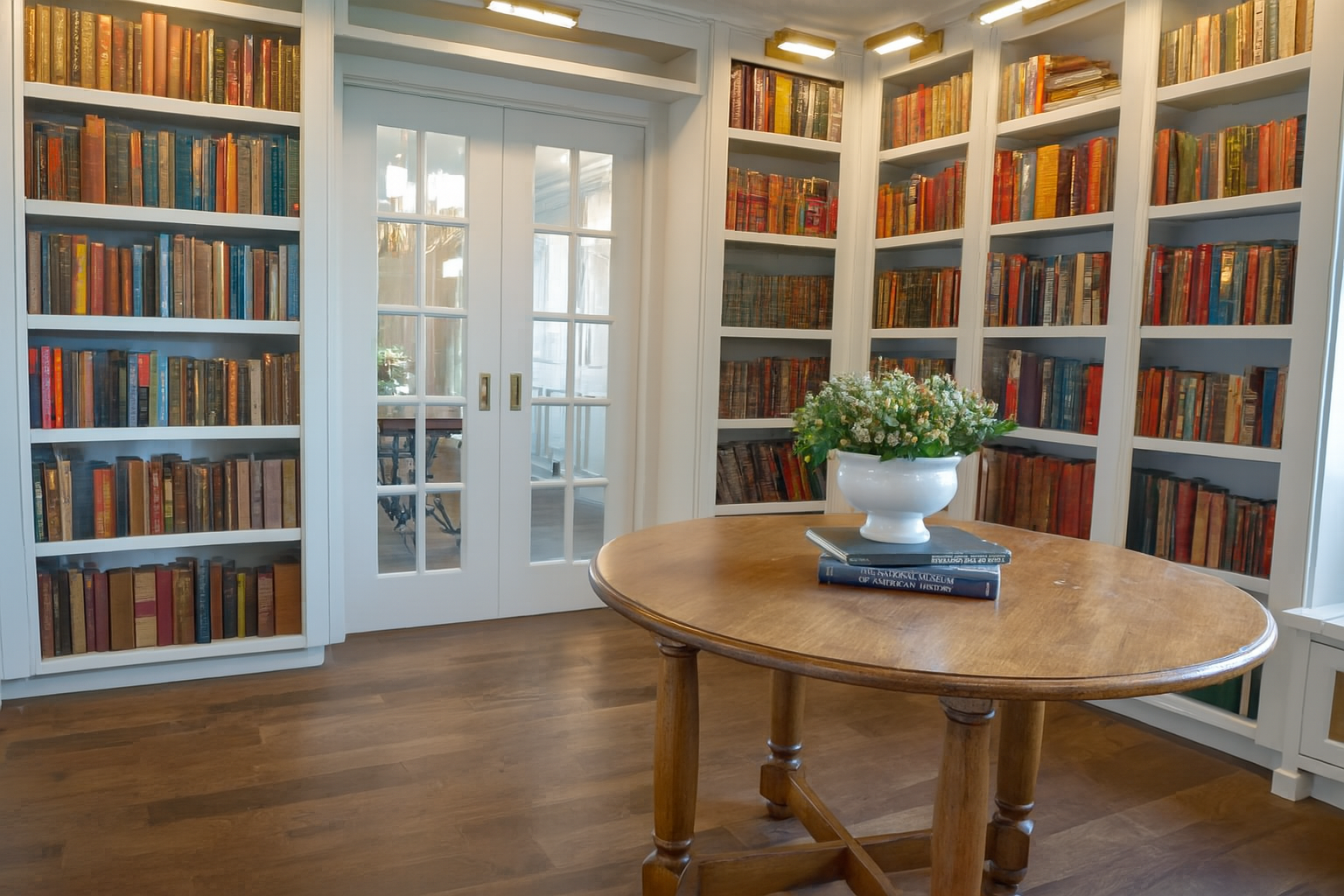 A library with built-in bookshelves filled with books, a round wooden table, and French doors.