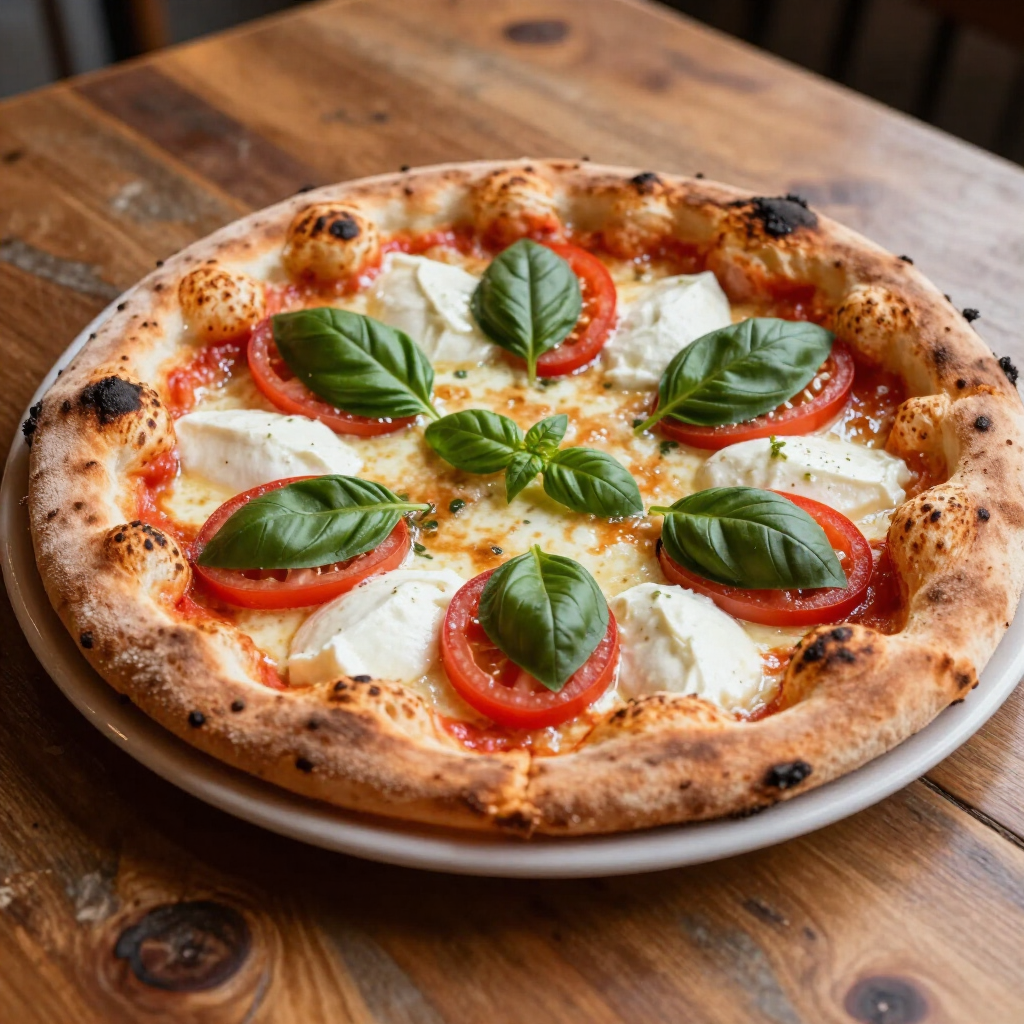 Pizza Margherita su un piatto con foglie di basilico, pomodori a fette e formaggio fuso su un tavolo di legno.