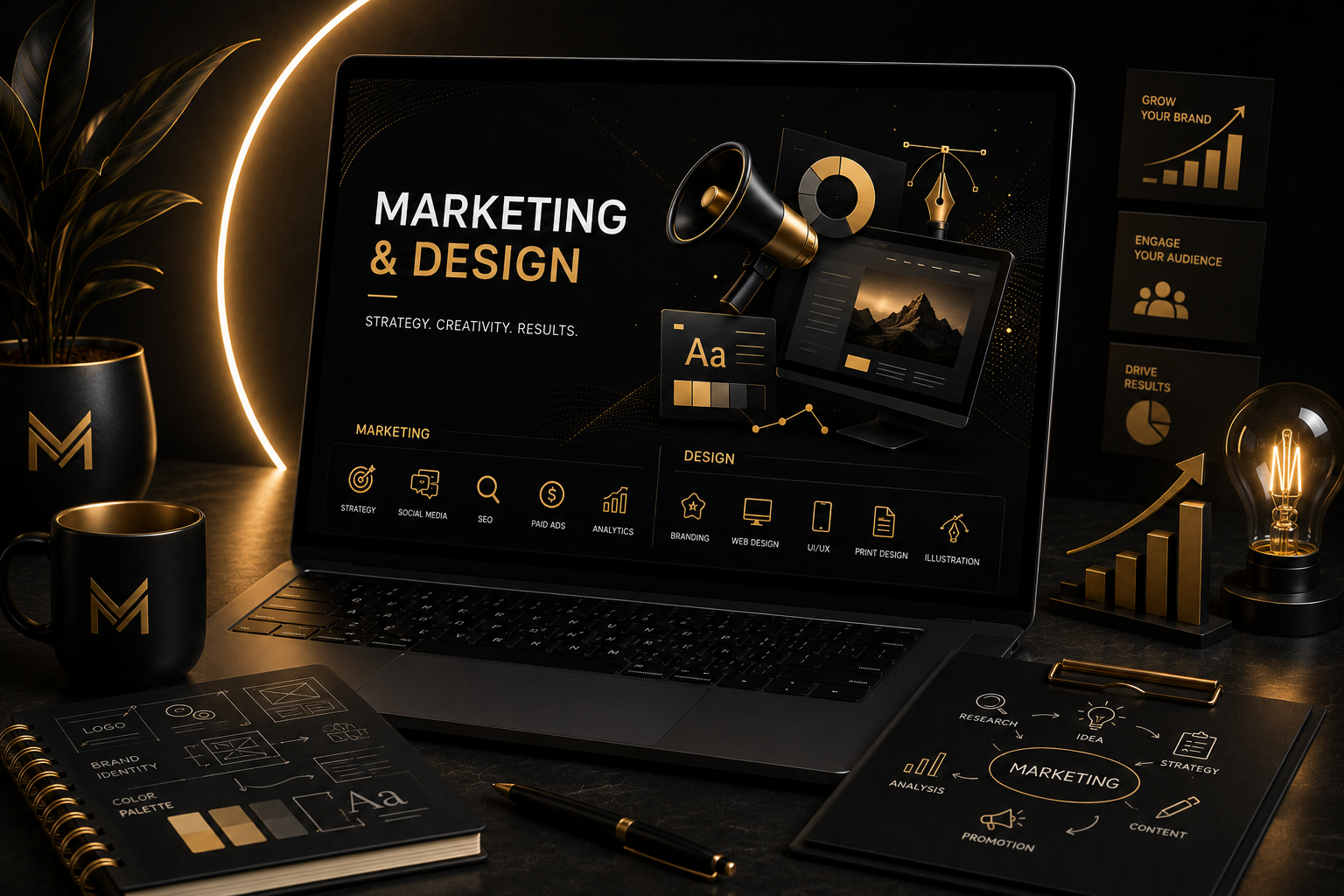 Dark gold marketing and design laptop mockup with charts, icons, and branding materials on a desk