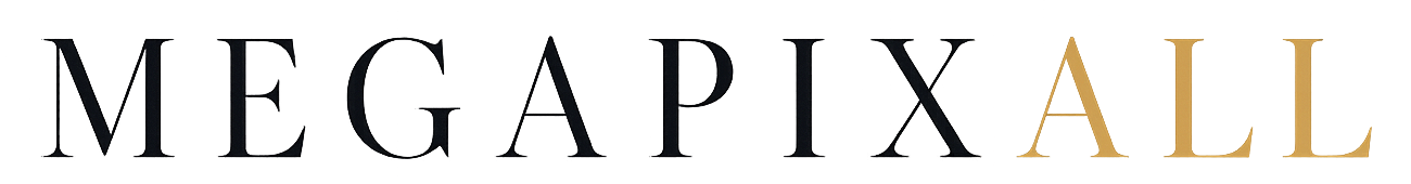 MEGAPIXALL logo in black and gold serif text on a white background