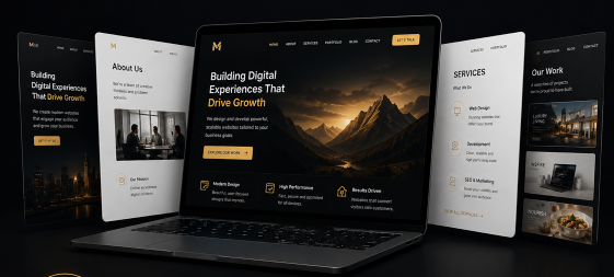 Dark travel website mockup on laptop, with glowing cards and mountain landscape on dark background