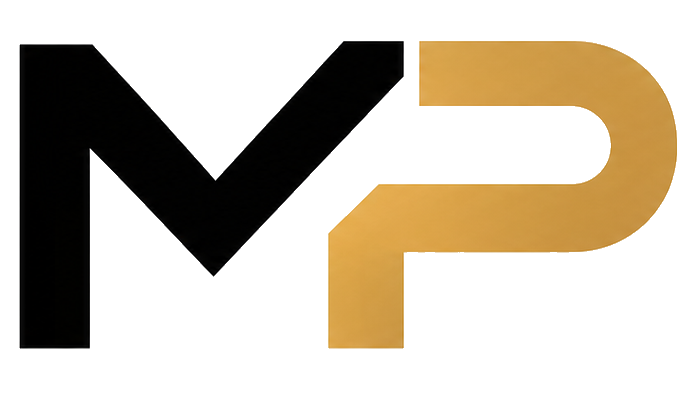 Stylized black and gold MP logo on a white background