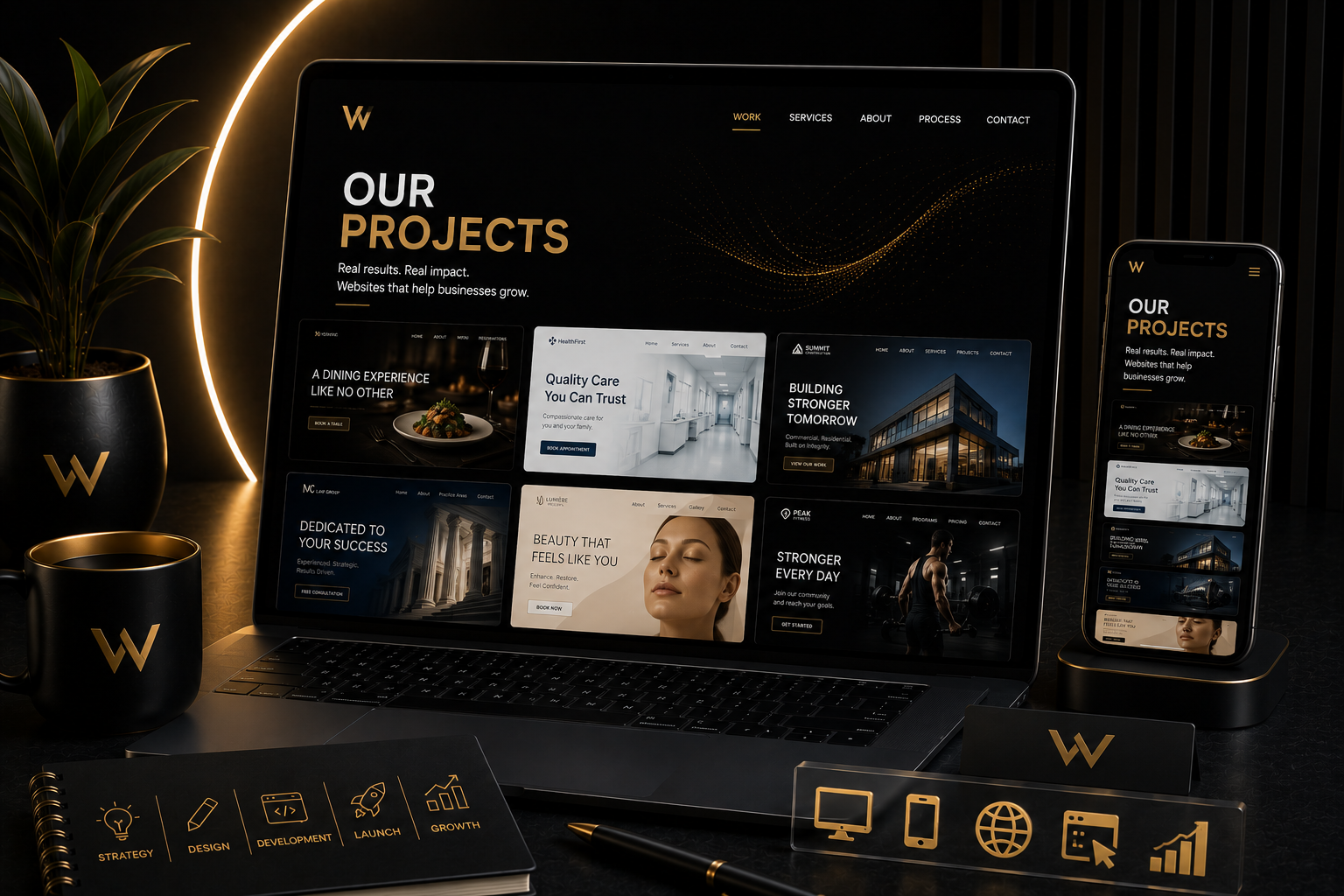Dark luxury website mockup on laptop, phone, and tablet with gold accents and “Our Projects” on screen