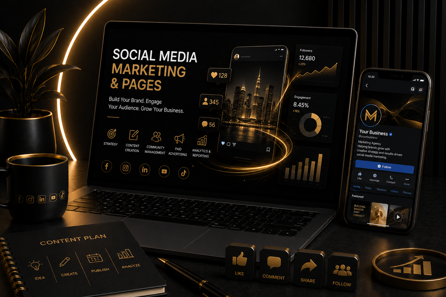 Dark gold social media marketing dashboard on laptop, phone, and cards in a sleek workspace