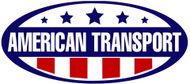 Logo for American Transport: Blue oval with white text, red and white stripes.