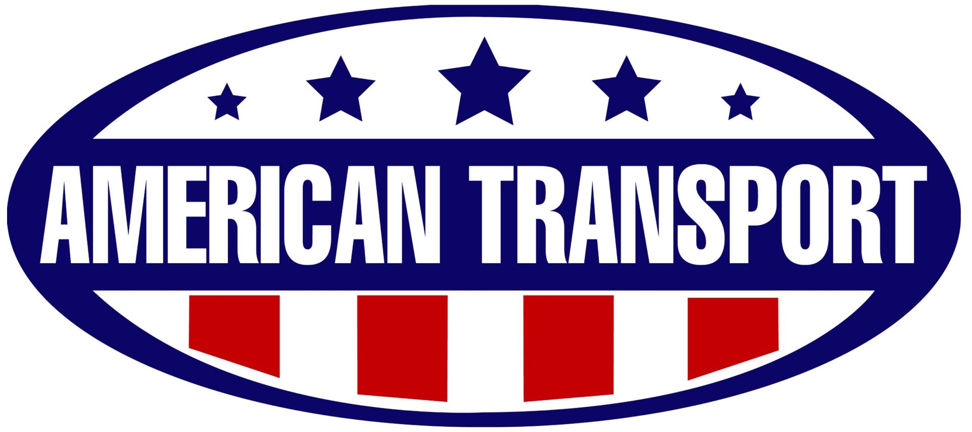 Logo for American Transport: Blue oval with white text, red and white stripes.