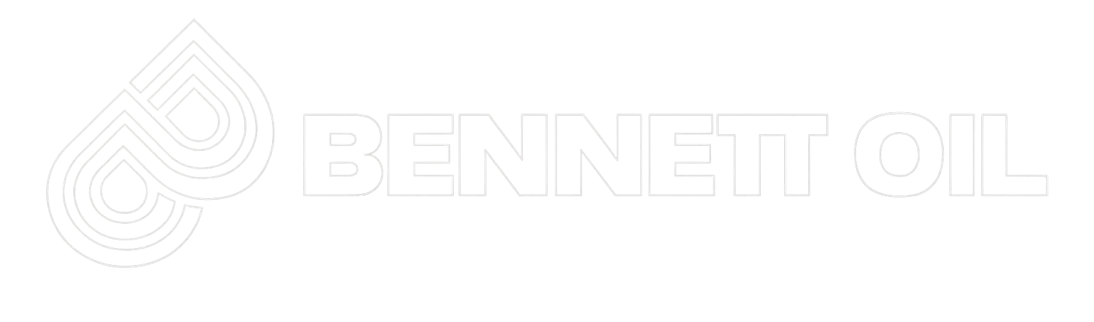 Logo of Bennett Oil: Blue interlocking teardrop shapes, gray text on black background.
