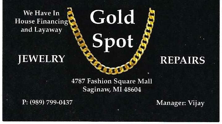 Business card for Gold Spot jewelry store in Saginaw, MI. Features gold chain graphic, contact info, and