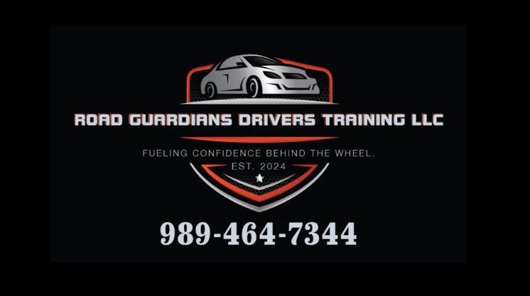 Logo for Road Guardians Drivers Training LLC with a car illustration and phone number.