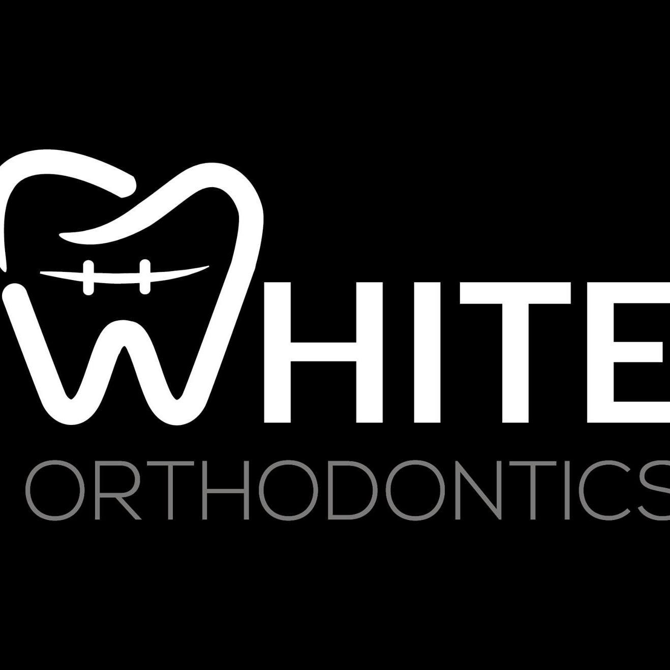 A white logo for white orthodontics with a tooth on a black background.