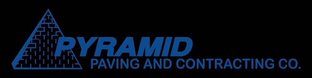 Logo of Pyramid Paving and Contracting Co. with a blue pyramid icon and text on a black background.