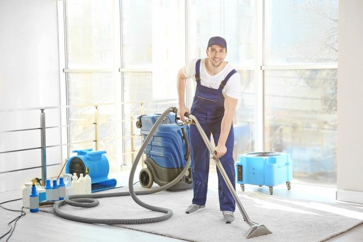 Vacuuming a bright room with a canister vacuum and mop, sunlight streaming through large windows