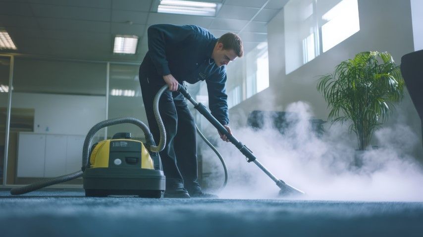 Worker steam-cleans a floor in a bright room with a yellow cleaning machine and rising mist.