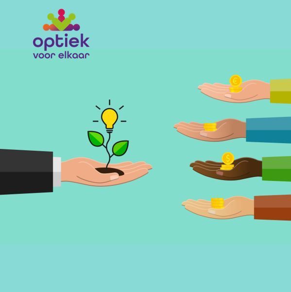 Logo with hands passing coins to a hand holding a sprouting plant on a turquoise background.