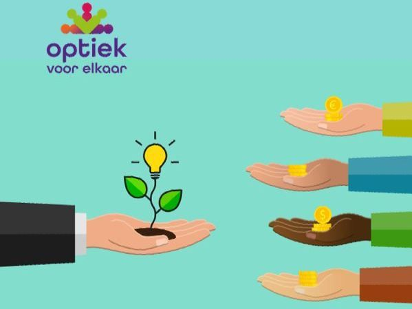 Optiek logo with hands passing gold coins to a hand holding a sprouting plant with a lightbulb