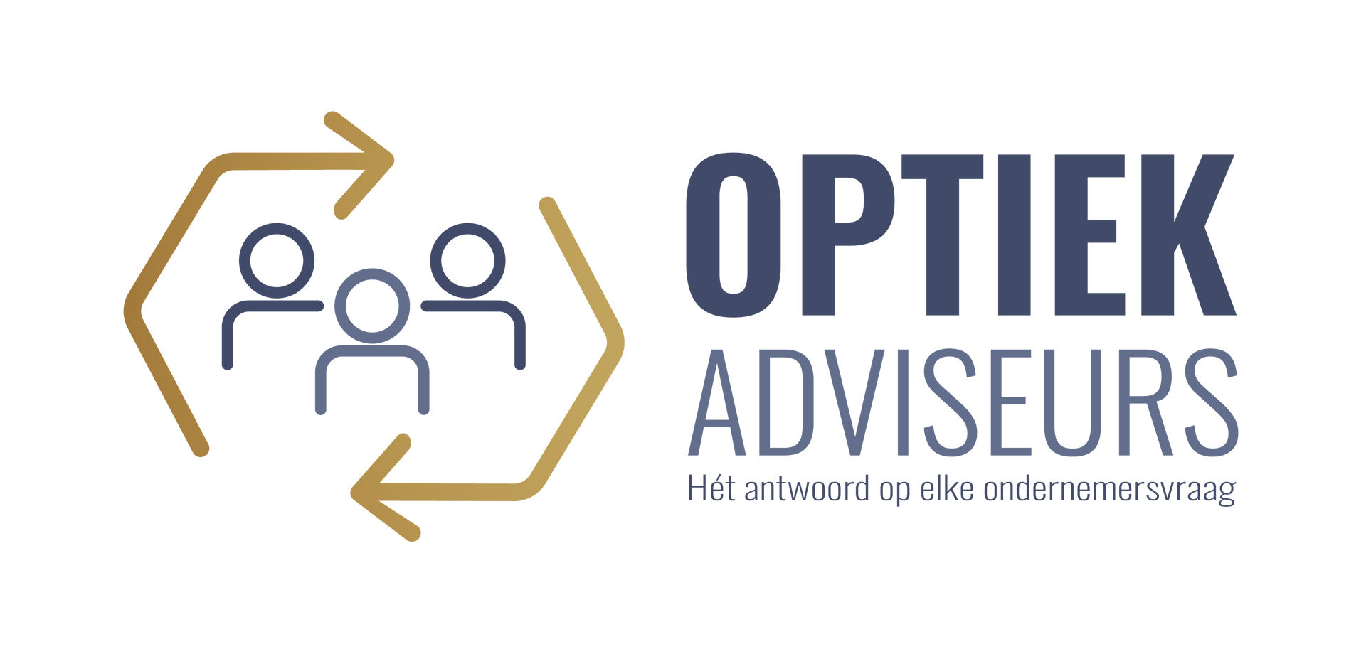 Optiek Adviseurs logo with gold hexagon, blue text, and three stylized people icons