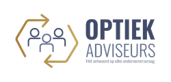Optiek Adviseurs logo with gold hexagon, blue text, and three stylized people icons