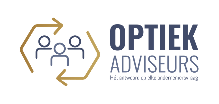 Optiek Adviseurs logo with gold hexagon, blue text, and three stylized people icons