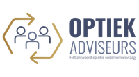 Optiek Adviseurs logo with stylized people icon in gold and navy blue text