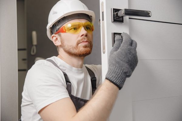 Construction worker, in white hard hat and safety glasses, installing a door handle.