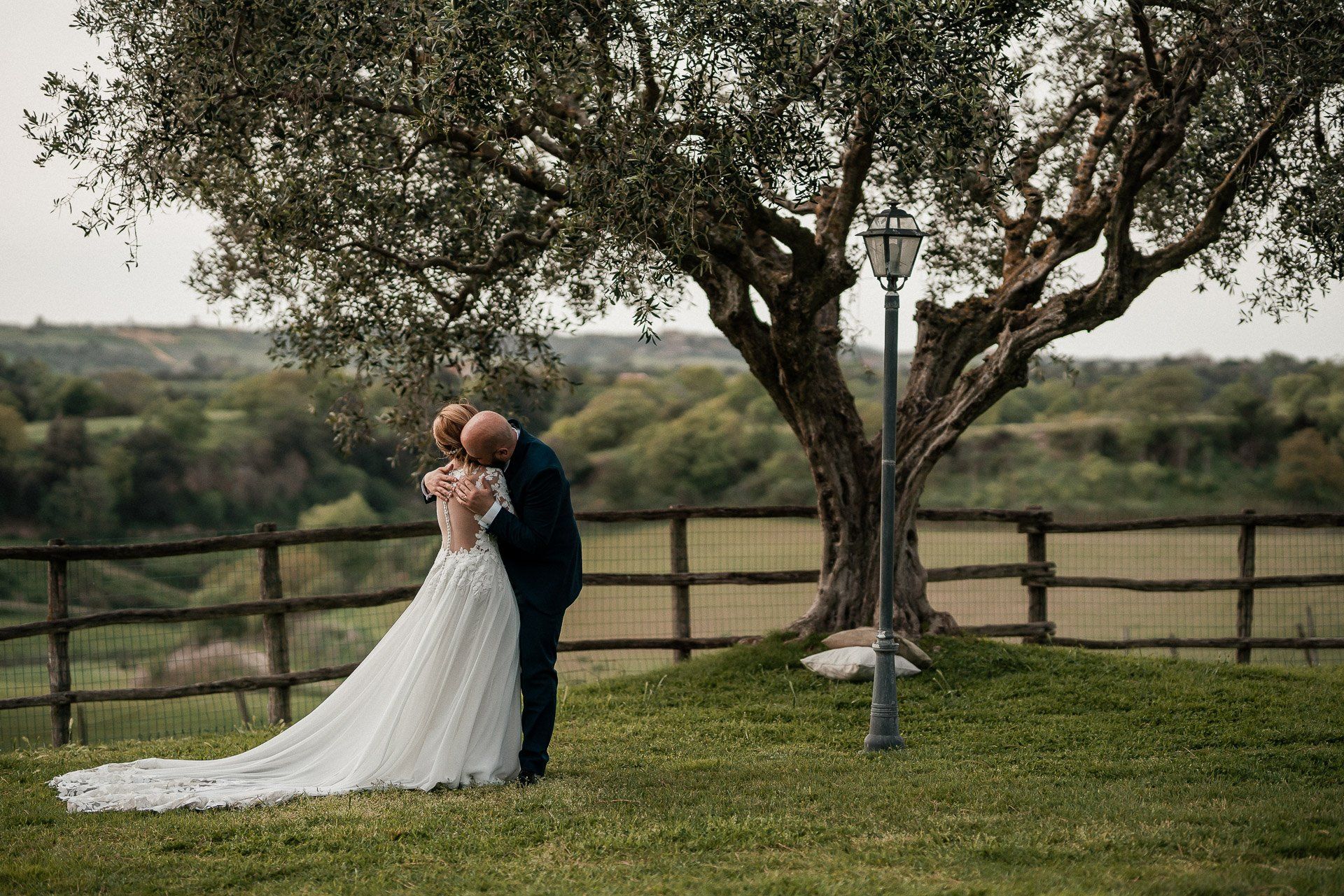 Coppia che si bacia sotto un albero su una collina erbosa, indossando abiti da sposa.
