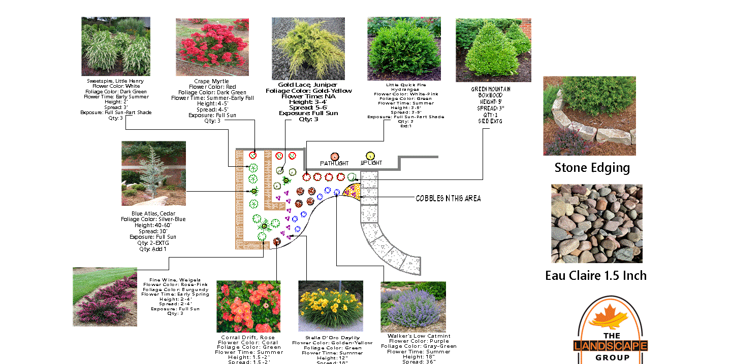 A diagram of a garden with different types of plants and rocks.