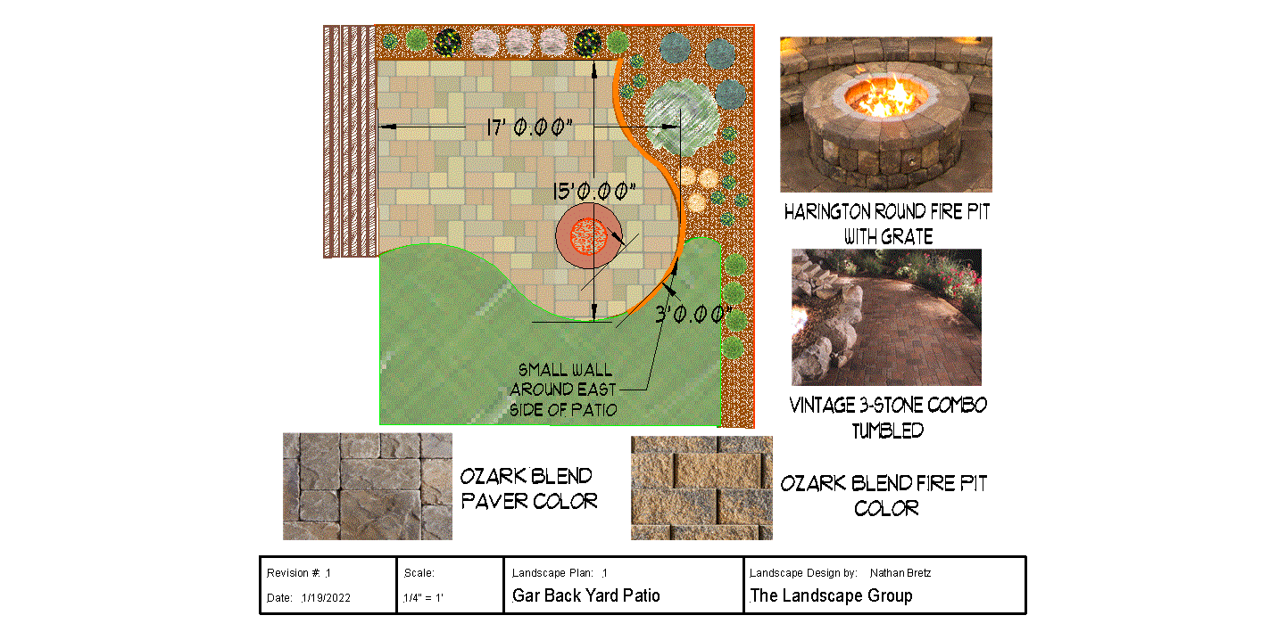A drawing of a patio with a fire pit