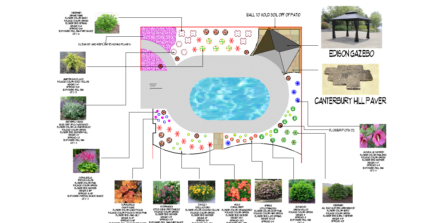 A drawing of a swimming pool surrounded by plants and flowers.