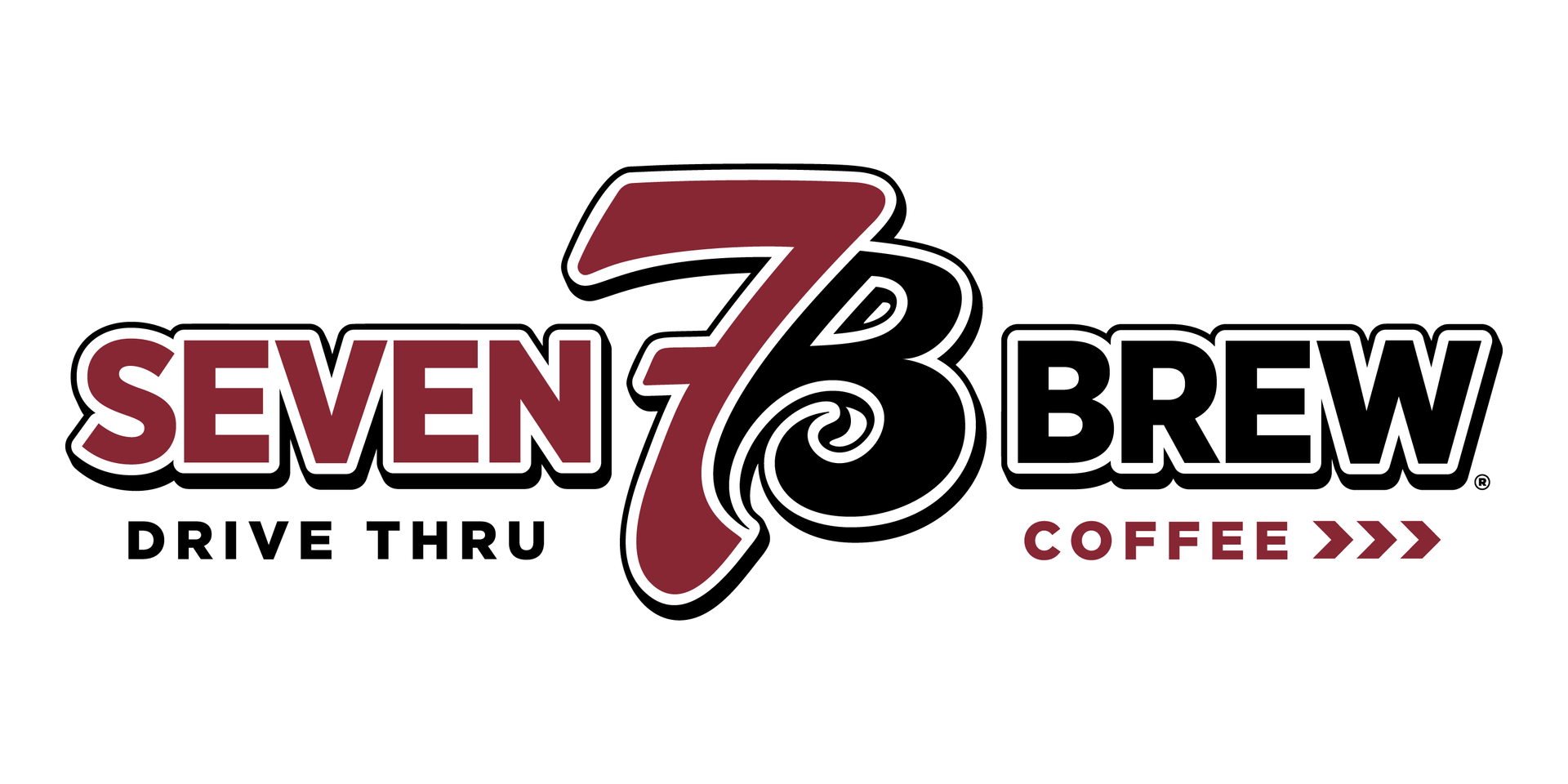 Seven Brew Drive Thru Coffee logo in red, black, and white with stylized “7” and coffee arrows.