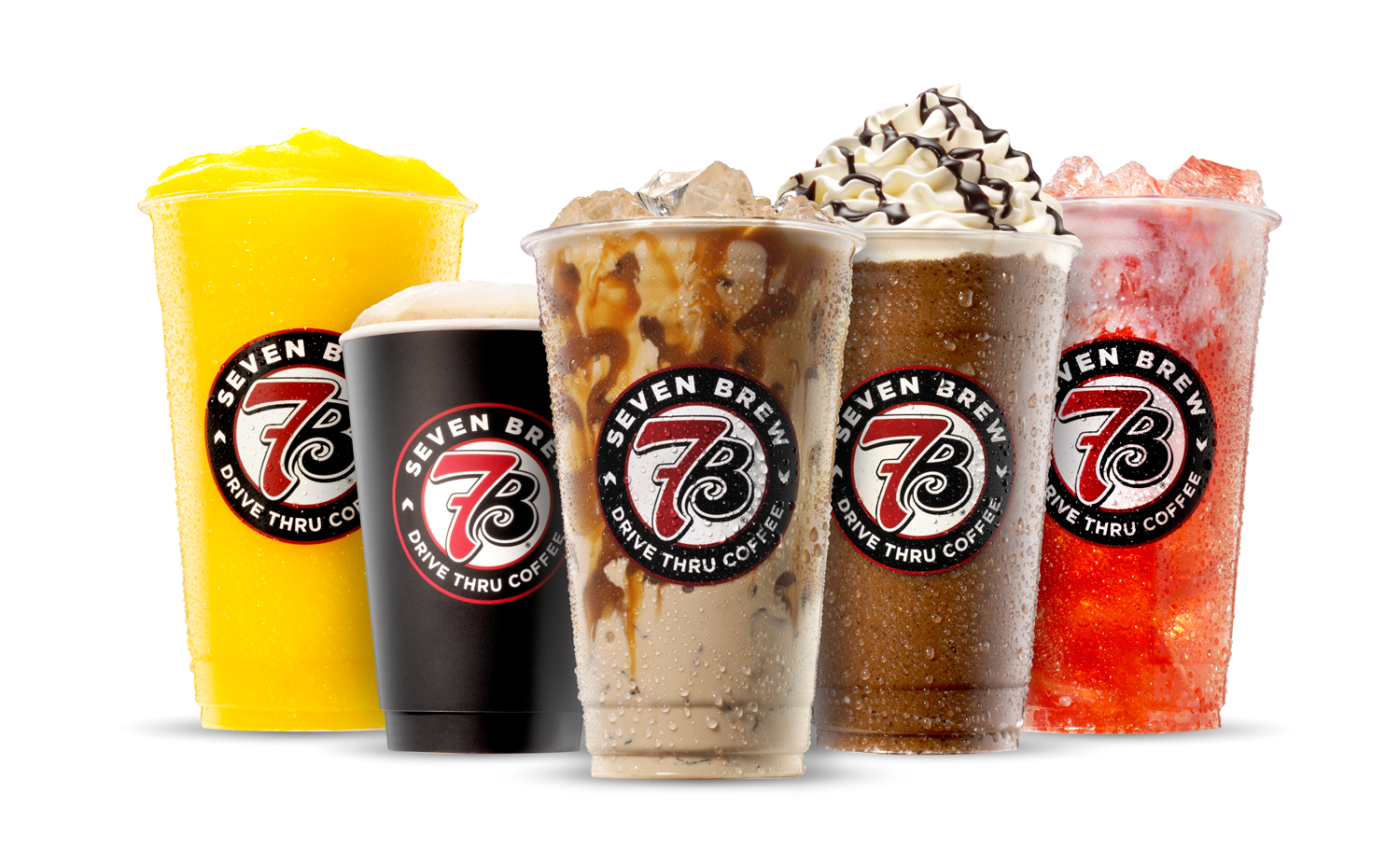 7 Brew drinks in yellow, black, iced coffee, caramel, and strawberry colors with whipped cream and by Existence Creative