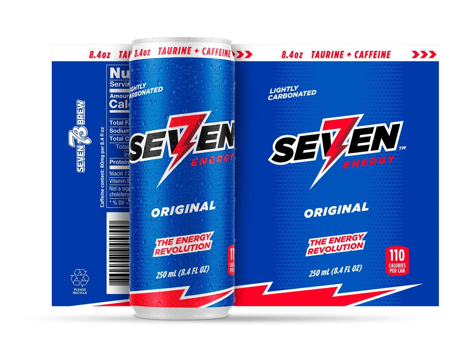 Blue Seven Energy Original packaging for 7 Brew by Existence Creative
