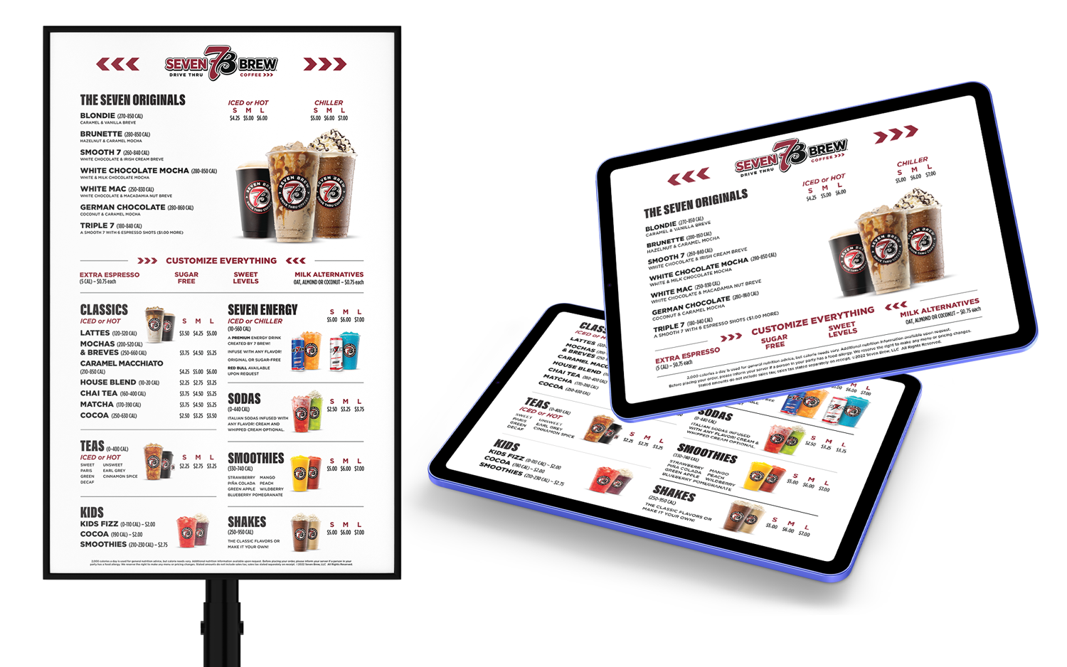 Poster and tablet displays of a 7 Brew drink menu with product photos and colorful item listings by Existence Creative
