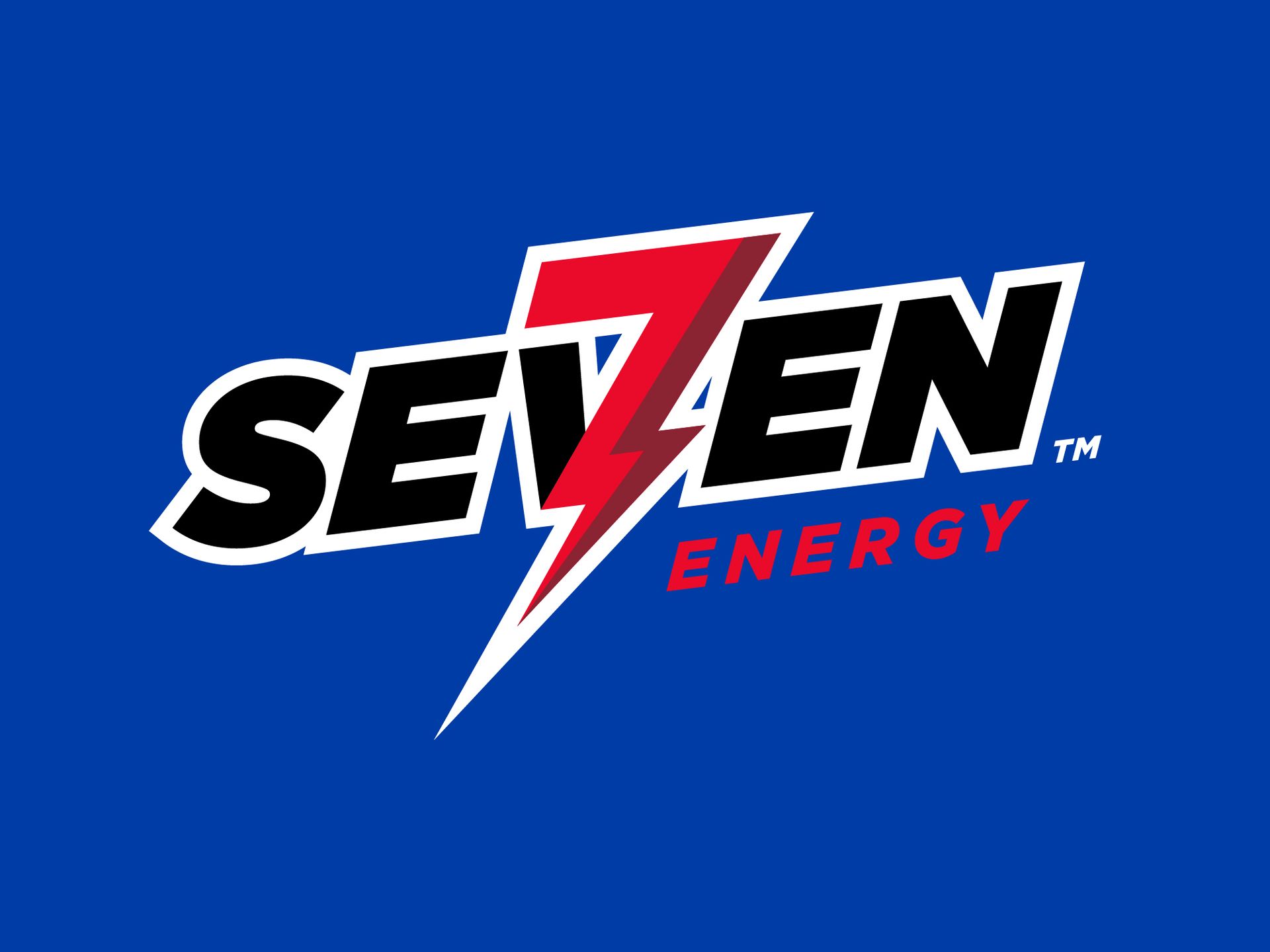 SEVEN Energy logo on blue background with white and red lightning bolt for 7 Brew