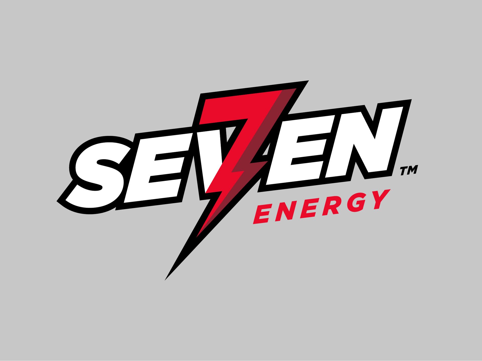 7 Energy logo with black and white text, red lightning bolt, and red “ENERGY” on gray background for 7 Brew