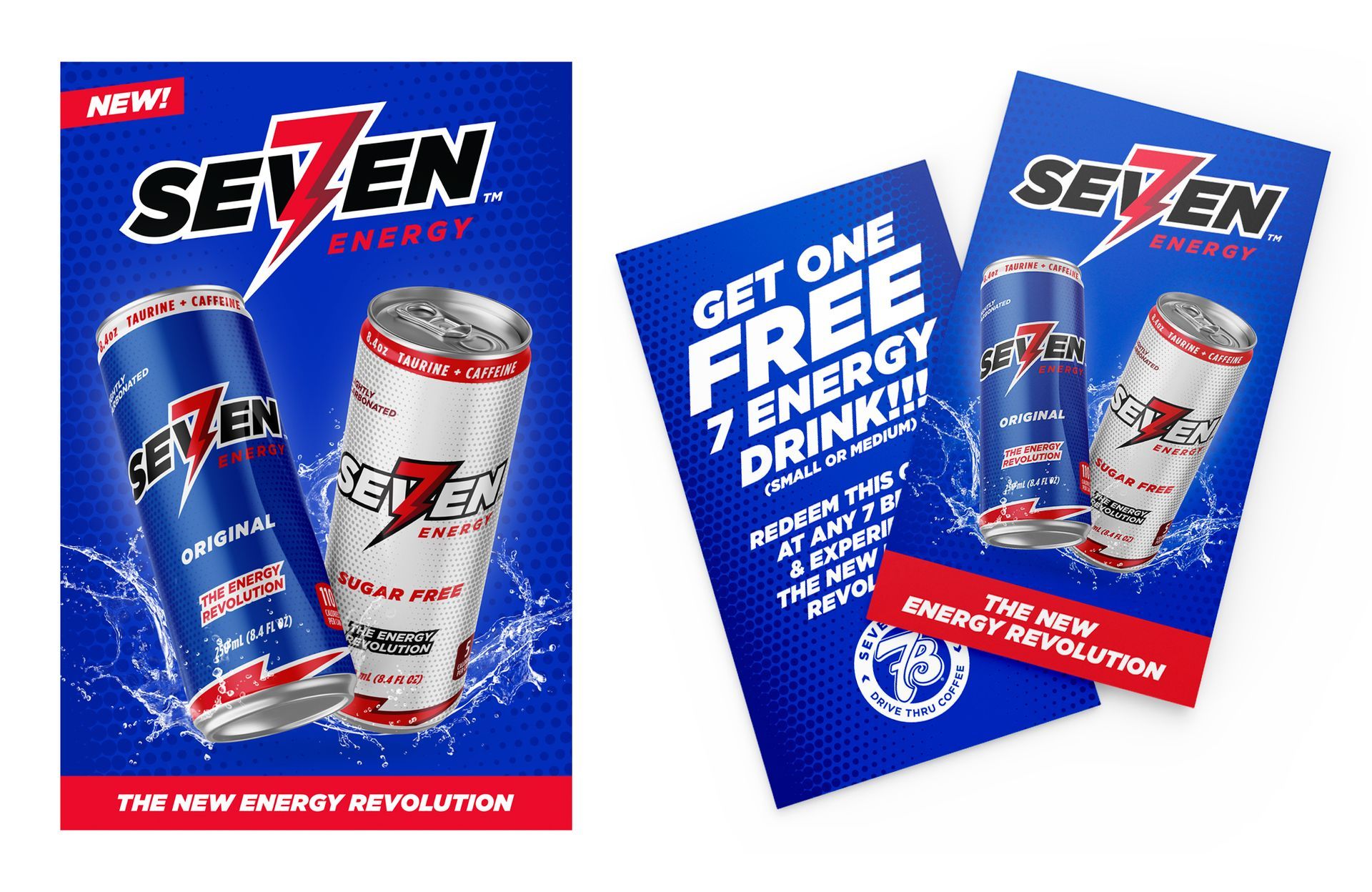 SEVEN energy drink promo with blue cans and “Get one free” offer for 7 Brew by Existence Creative
