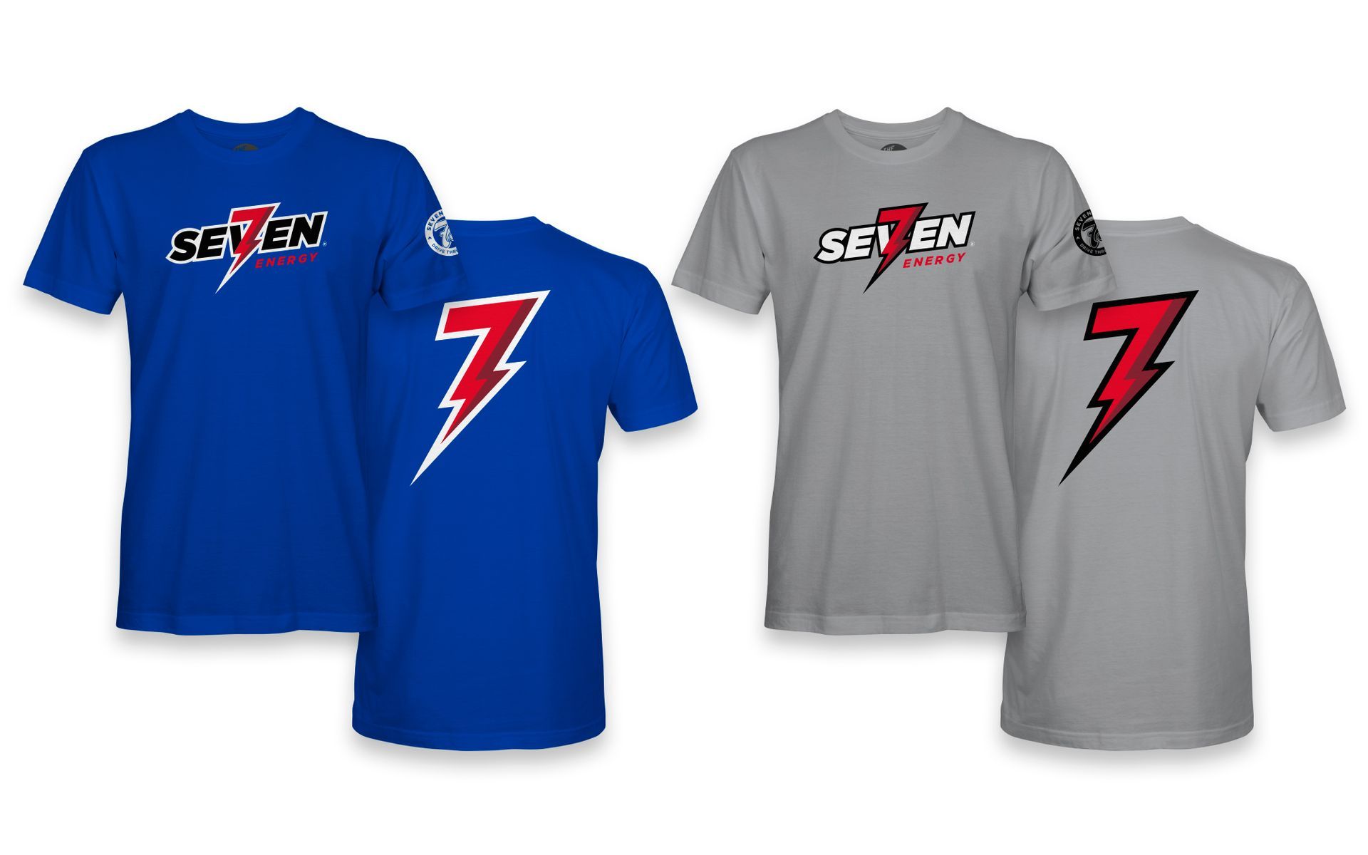 7 Energy brand T-shirts shown front and back, each with a lightning bolt graphic for 7 Brew by Existence Creative