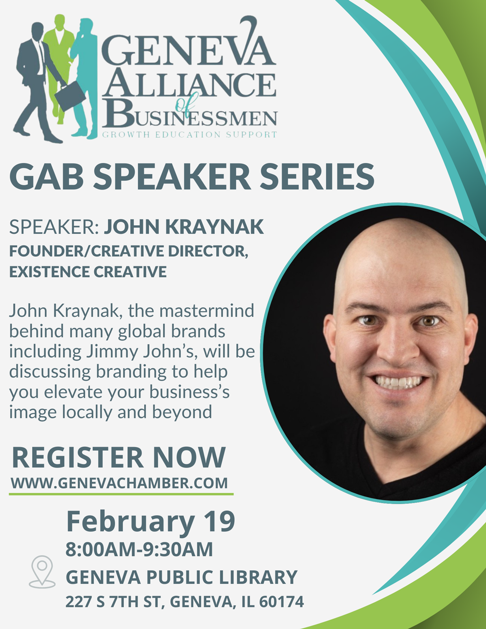 Geneva Alliance Businessmen GAB Speaker Series poster for John Kraynak, Feb. 19 at Geneva Public Library