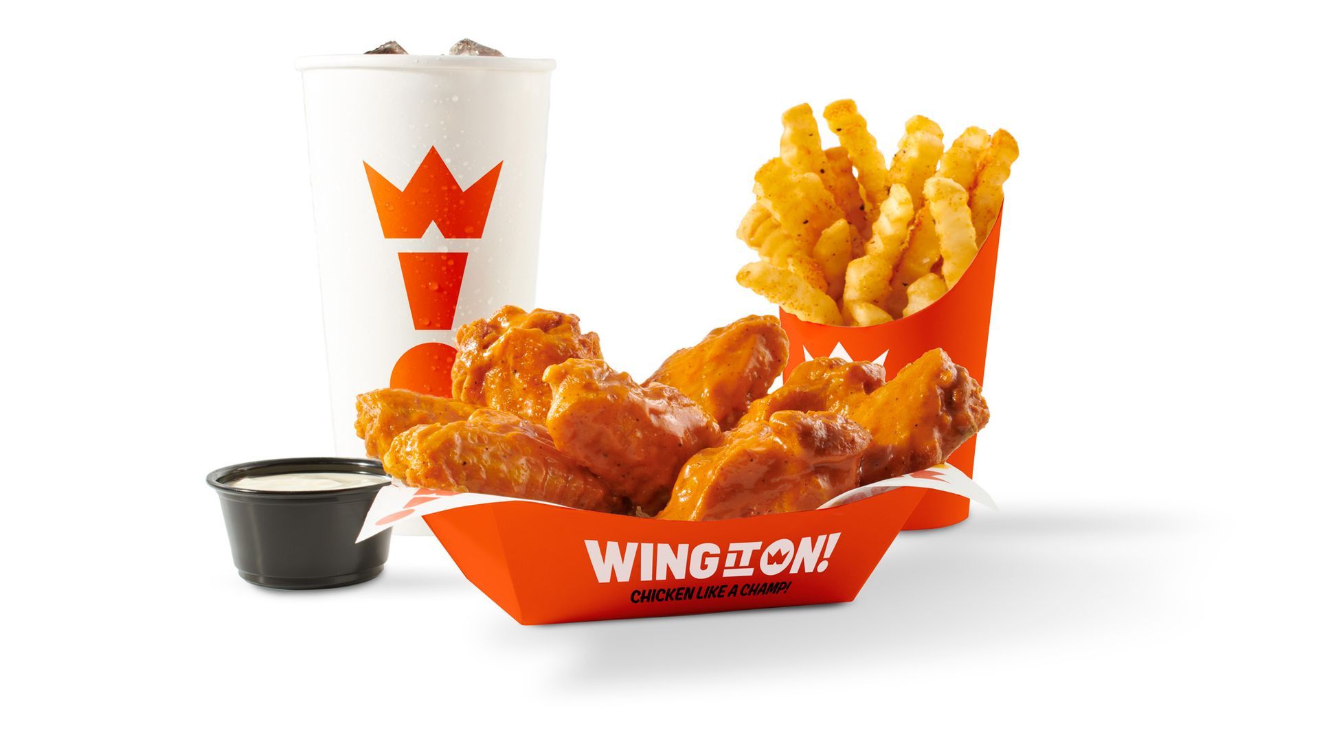 Wing It On chicken tenders, fries, and dipping sauce with a drink on a white background