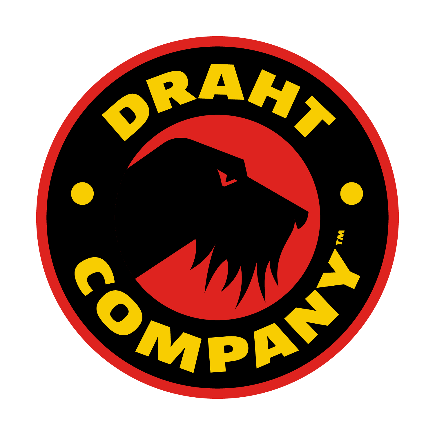 Draht Company logo: black wolf head on red circle with yellow text and black outer ring