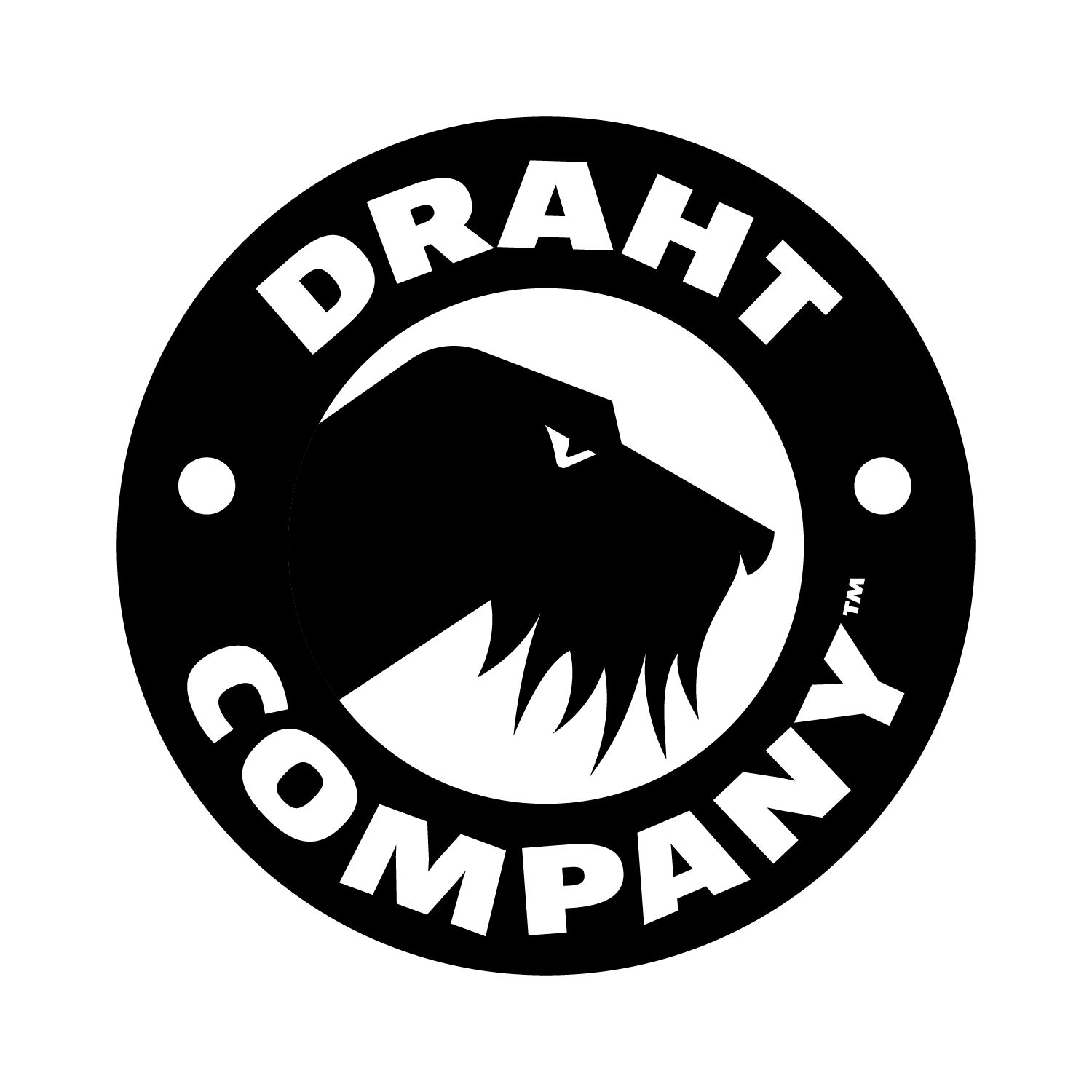 Black-and-white DRAHT COMPANY logo with a stylized wolf head in a circular emblem