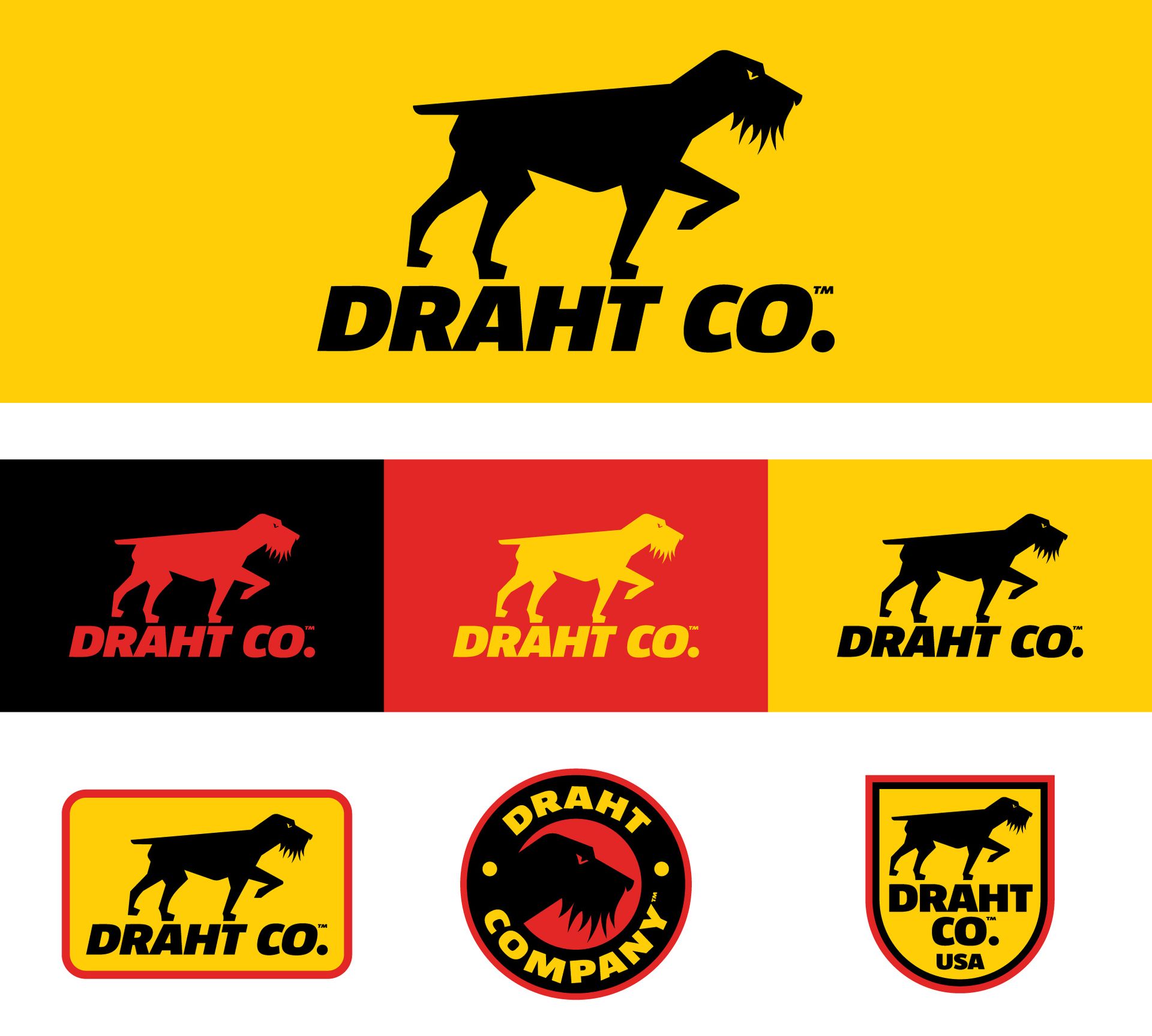 Draft Co. brand logo variations in black, red, and yellow on bright backgrounds
