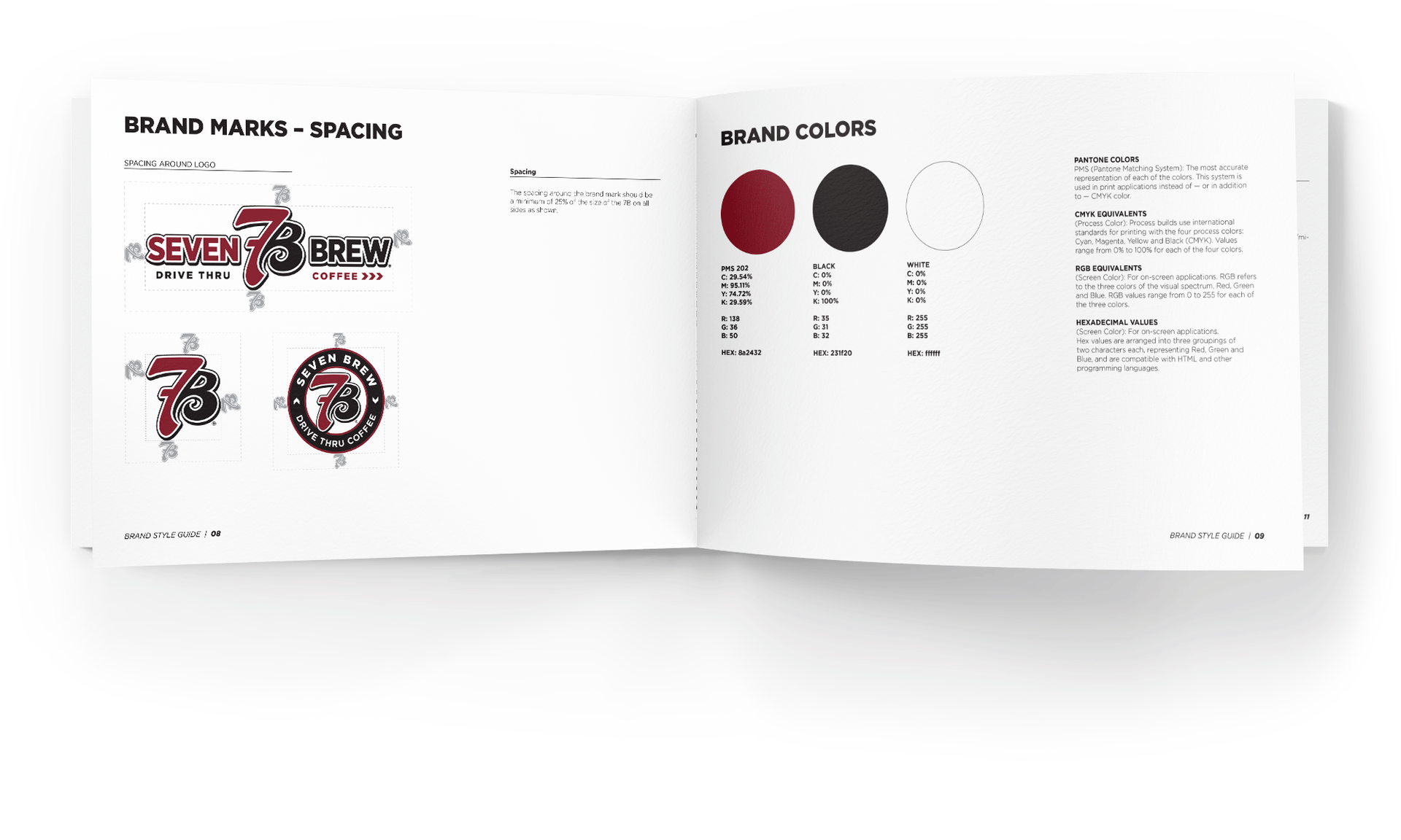 Catalog spread of 7 Brew showing logo variations and color swatches for a red and black brand design by Existence Creative