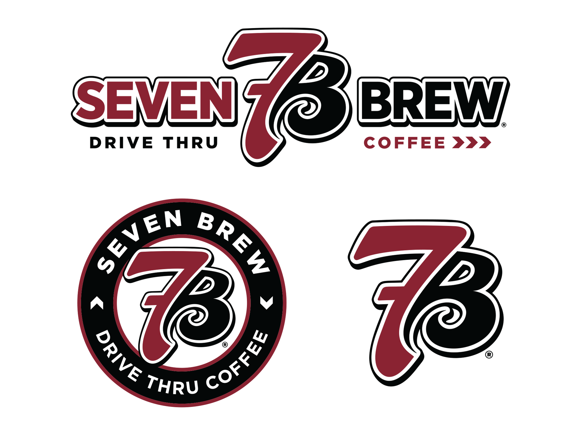 Seven Brew Drive Thru Coffee logos in maroon, black, and white on a white background  by Existence Creative
