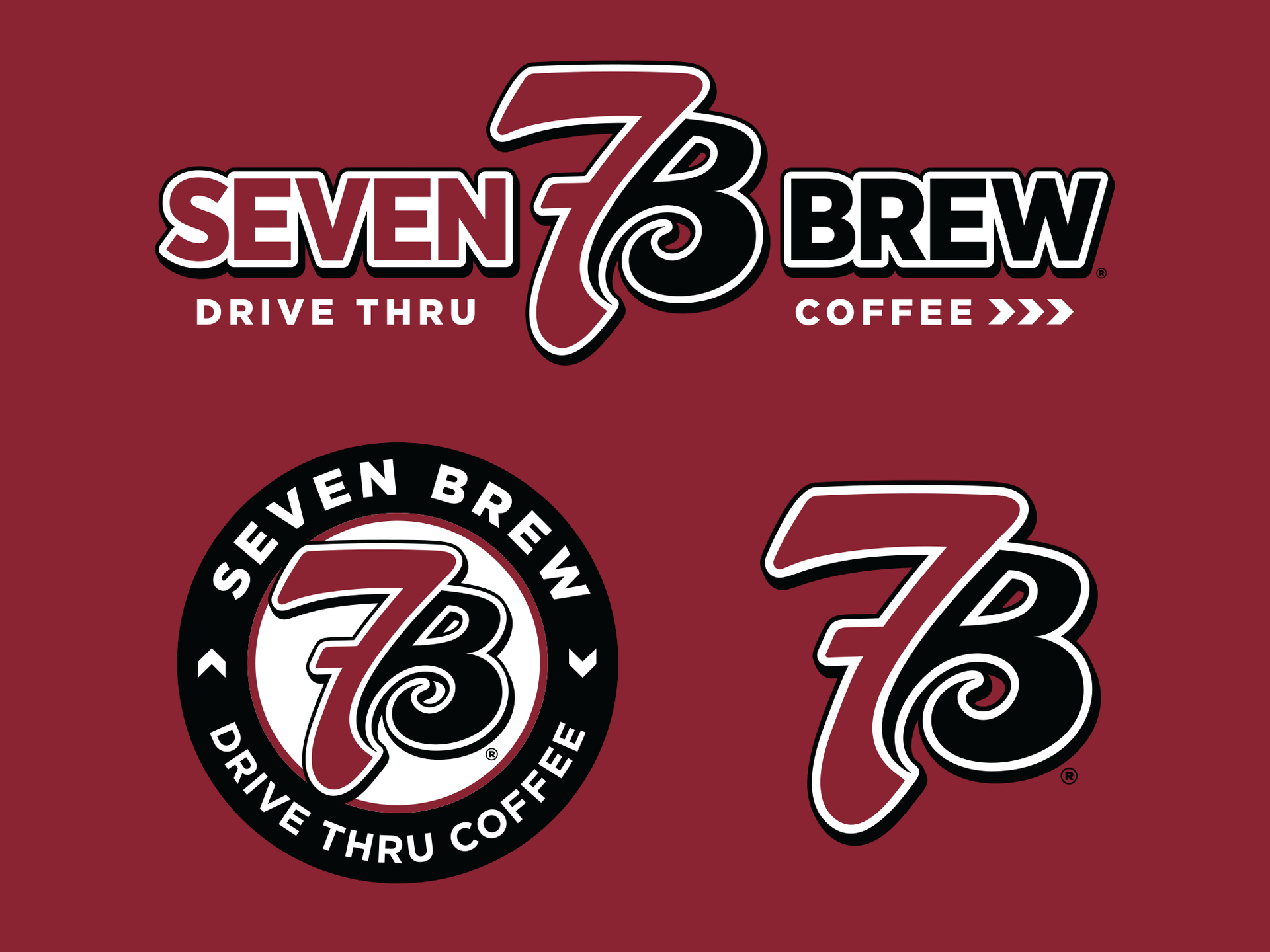 Seven Brew Drive Thru Coffee logos in maroon, white, black, and red on a light red background by Existence Creative