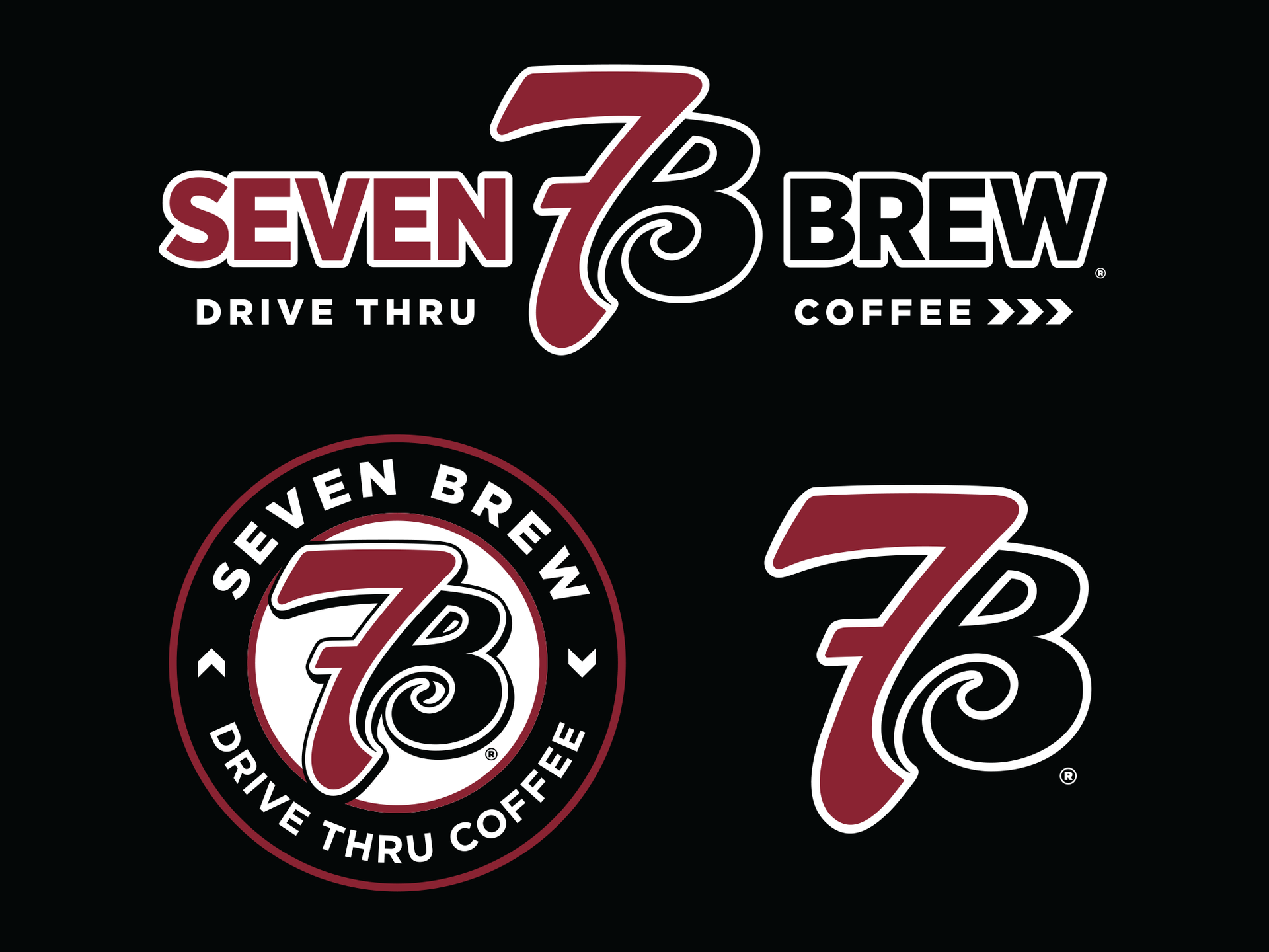 Seven Brew Coffee logo variants in maroon, black, and white with “Drive Thru Coffee” text by Existence Creative