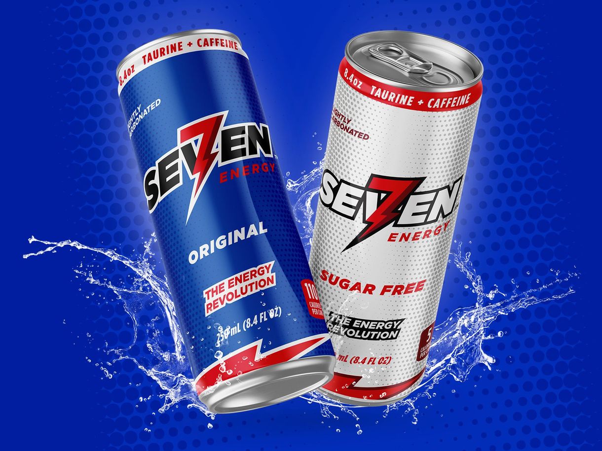 7 energy drink cans, splashing against a blue background for 7 Brew by Existence Creative